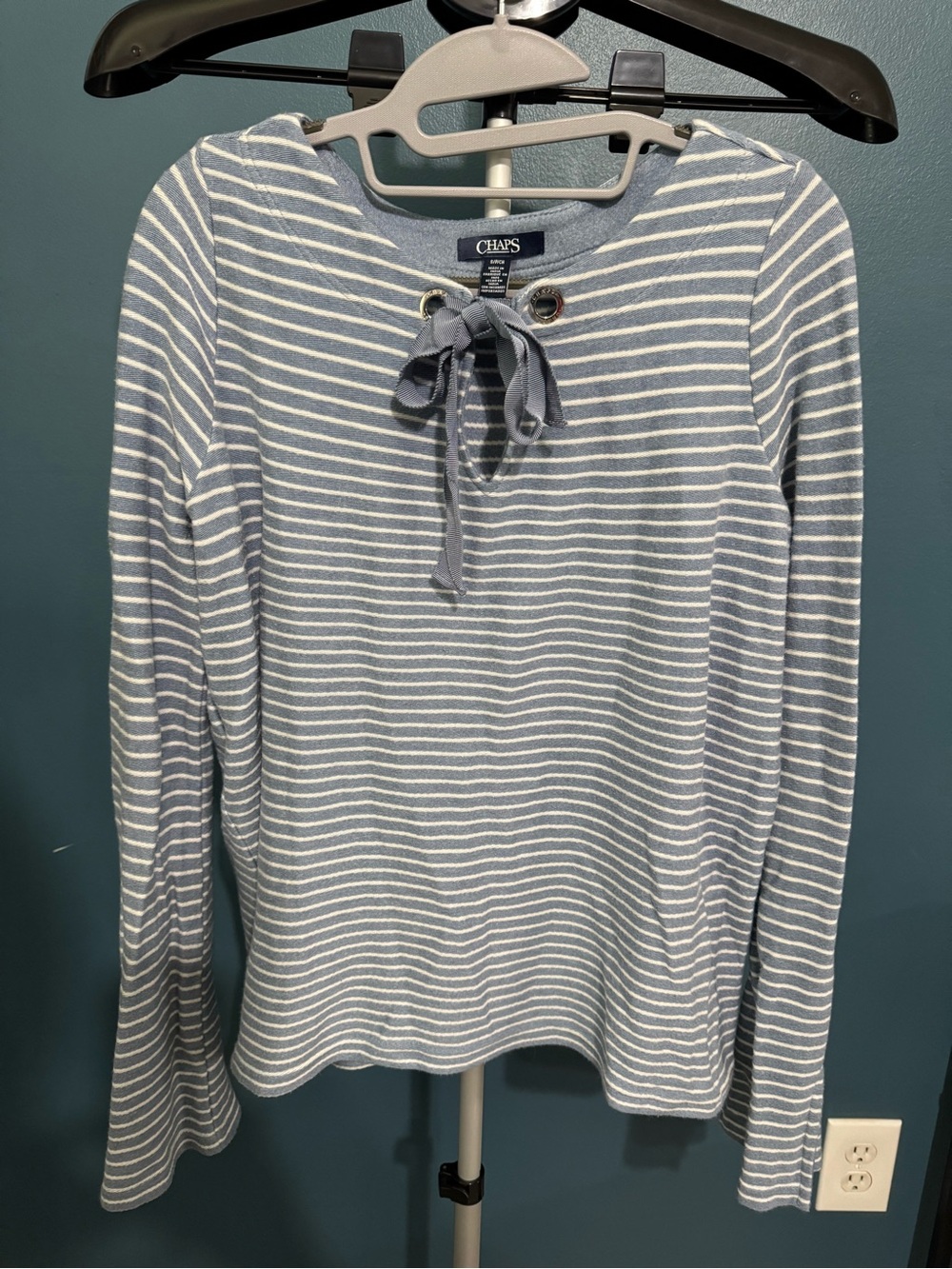 Chaps Striped Lace-Up Scoop Neck Sweater in Light Blue and White